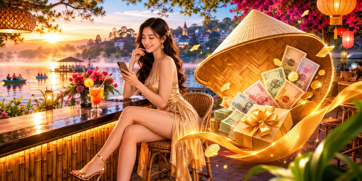Người dùng Đà Lạt cầm điện thoại dưới nón lá và xem thông tin ưu đãi