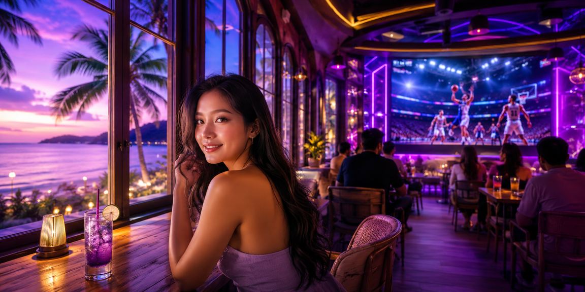 Không gian cà phê Phú Quốc với màn hình bóng rổ và điện thoại cá cược