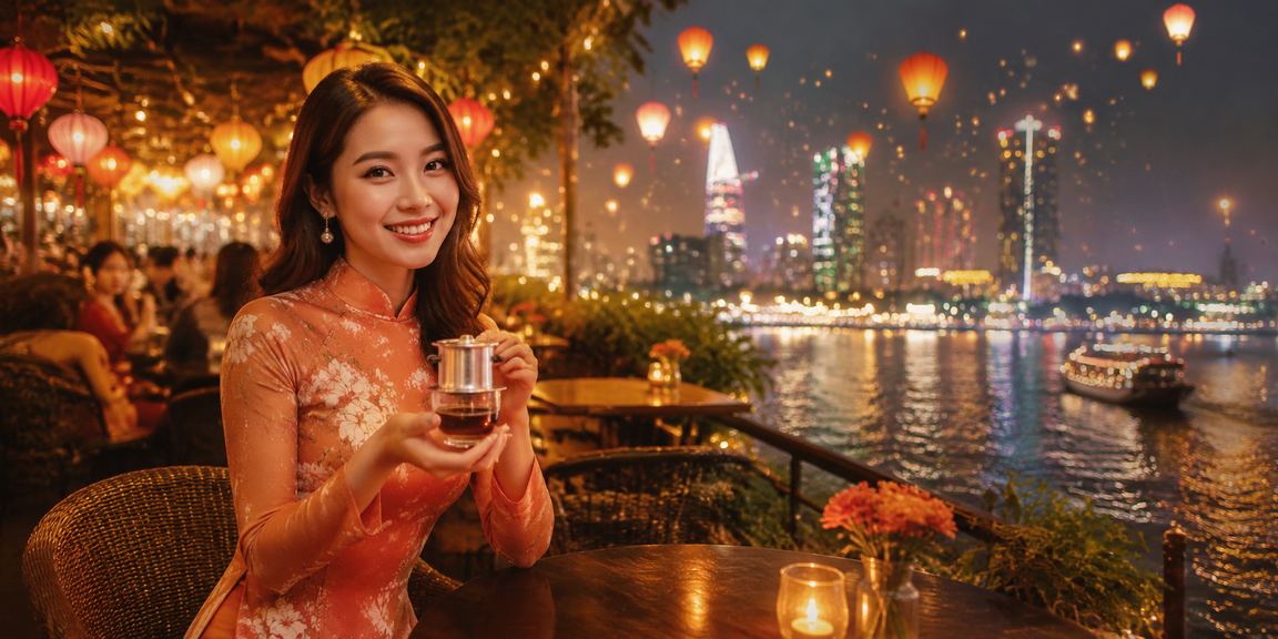 Không gian cà phê Sài Gòn với người dùng theo dõi giải trí trực tuyến trên điện thoại